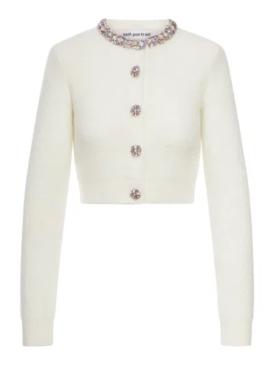 Self-portrait Whirw Cropped Crewneck Cardigan With Crystal Embellishments On Collar And Buttons In Wool Blend Woma In White