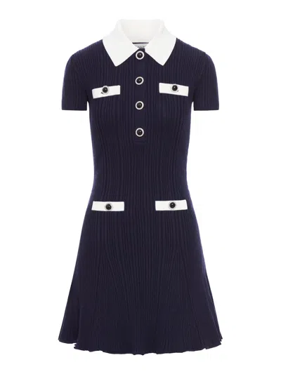 Self-portrait Mini Knitted Dress With Contrasting Collar In Blue