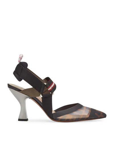 Fendi Slingback Brown Nylon Sandals In Black