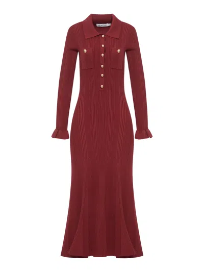 Self-portrait Knee Length Dress With Flared Cuffs And Pockets In Burgundy