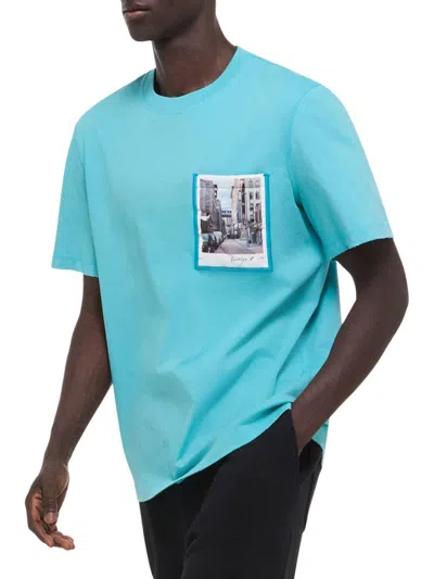 Helmut Lang Postcard Print T-shirt With Ribbed Crew Neckline In Teal