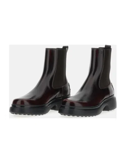 Tod's Burgundy Brown Ankle Boots With Elastic Sides In Brown