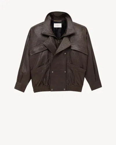Saint Laurent Brown Bomber Jacket With Mandarin Collar And Elastic Waist In Leather Woman In Black