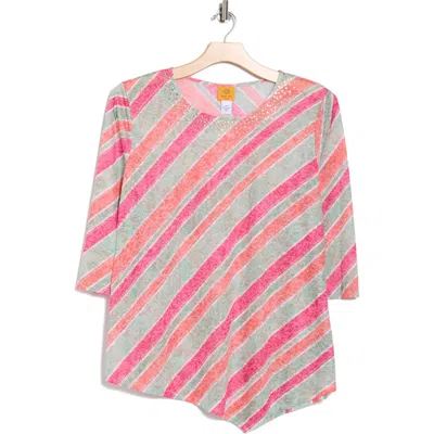 Ruby Rd. Petite Bias Stripe Beaded Top In Pink