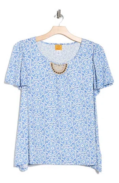 Ruby Rd. Ruby Rd Embroidered Puff Print Flutter Sleeve T-shirt In Blue