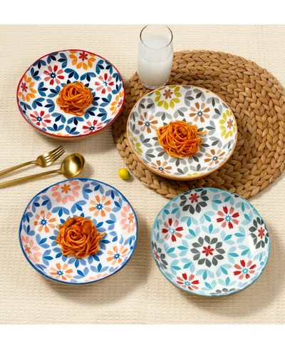 Lorren Home Trends Geo Floral Pasta Bowls, Assorted Set Of 4 In Multi