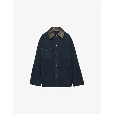 Prada Leather-collar Canvas Utility Jacket In Blue