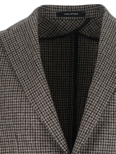Tagliatore Classic Houndstooth Wool Blazer With Notched Lapels And Button Closure In Gray