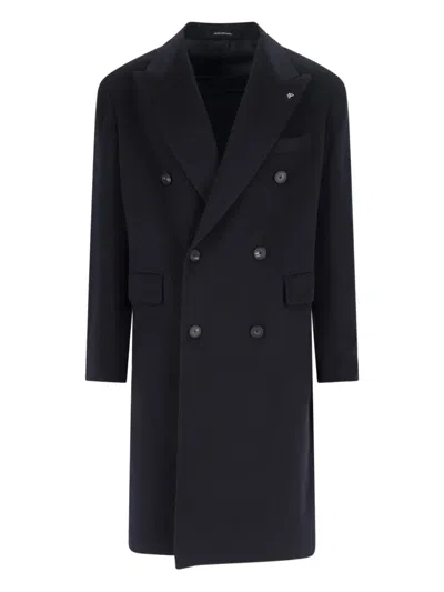 Tagliatore Double-breasted Virgin Wool Coat With Notched Lapel In Blue
