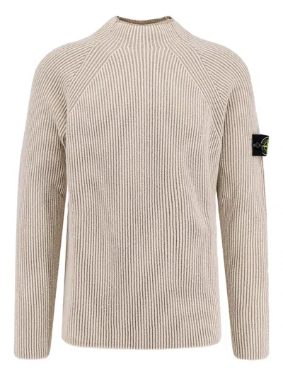 Stone Island White Sweater With Ribbed Design And Logo Patch On Sleeve In Virgin Wool Blend Man In Neutral