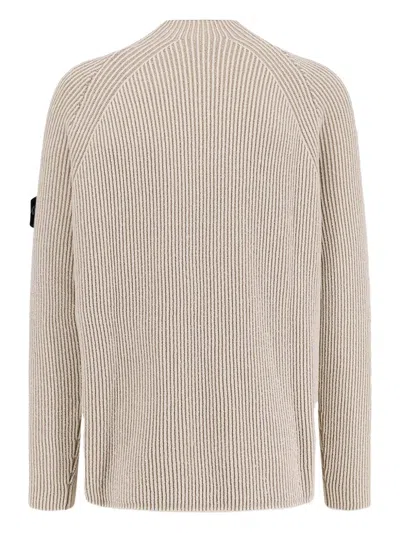 Stone Island White Sweater With Ribbed Design And Logo Patch On Sleeve In Virgin Wool Blend Man In Neutral