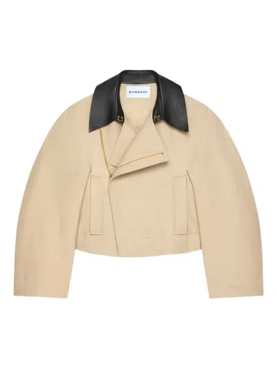 Givenchy Cropped Peacoat With Leather Collar In Cotton And Wool In Brown