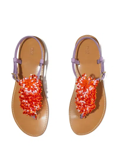 Pucci Beaded Leather Sandals In Brown