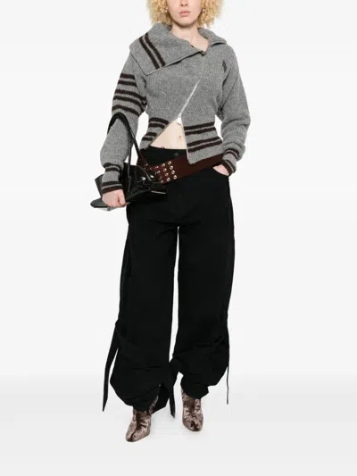 Attico Wide Leg Denim Trousers With Strap And Pockets In Black