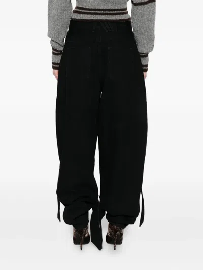 Attico Wide Leg Denim Trousers With Strap And Pockets In Black