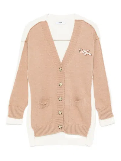 Msgm Kids Two-tone Cardigan With Embroidery In Brown