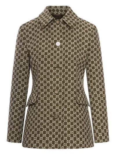 Gucci Monogram Patterned Cotton Blend Jacket In Green