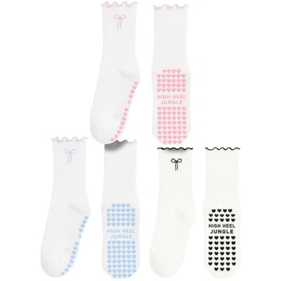 High Heel Jungle By Kathryn Eisman Women's White Bowtiful Frilled Edge Grip Sock - Three Pack Value Bundle In White