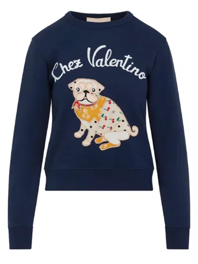Valentino Dog Design Cotton Sweatshirt In Blue