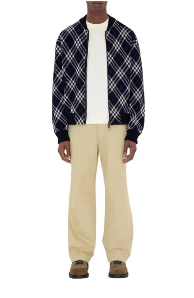 Burberry Mens Ink Ip Chk Check-weave Knitted Bomber Jacket In Blue