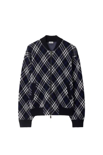 Burberry Mens Ink Ip Chk Check-weave Knitted Bomber Jacket In Blue