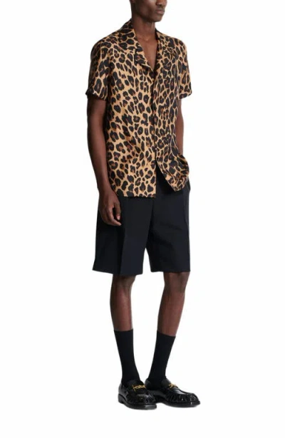 Balmain Leopard Print Silk Bowling Shirt In Brown