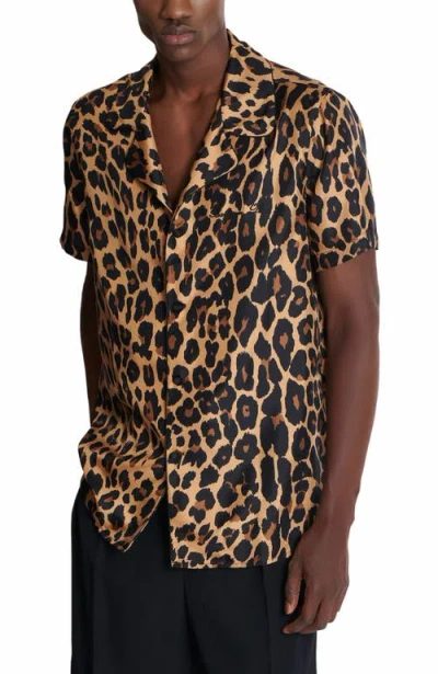 Balmain Leopard Print Silk Bowling Shirt In Brown