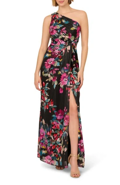 Adrianna Papell Pleated Floral Print One-shoulder Chiffon Gown In Multi