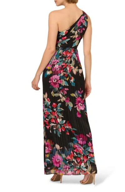 Adrianna Papell Pleated Floral Print One-shoulder Chiffon Gown In Multi