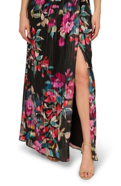 Adrianna Papell Pleated Floral Print One-shoulder Chiffon Gown In Multi