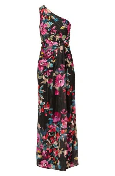 Adrianna Papell Pleated Floral Print One-shoulder Chiffon Gown In Multi