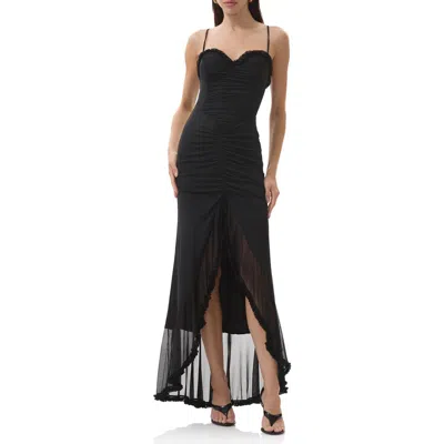 Afrm Cassian Ruched Detail Crossback Mesh Gown In Black