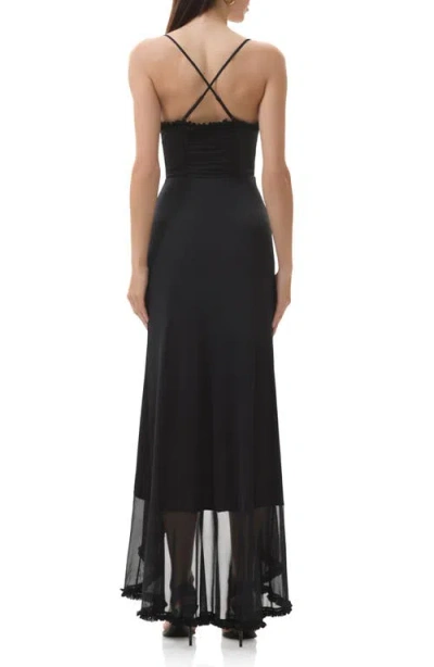 Afrm Cassian Ruched Detail Crossback Mesh Gown In Black