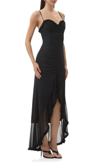 Afrm Cassian Ruched Detail Crossback Mesh Gown In Black