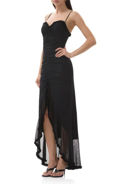 Afrm Cassian Ruched Detail Crossback Mesh Gown In Black