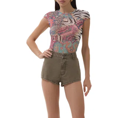 Afrm Nina Print Cap Sleeve Mesh Top In Multi