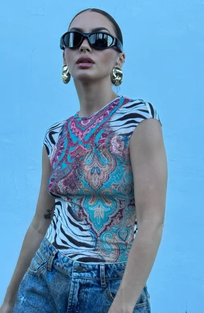 Afrm Nina Print Cap Sleeve Mesh Top In Multi