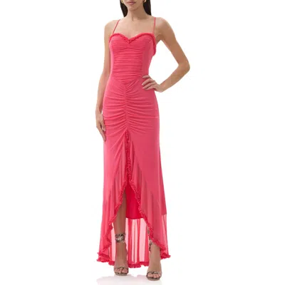 Afrm Cassian Ruched Detail Crossback Mesh Gown In Pink