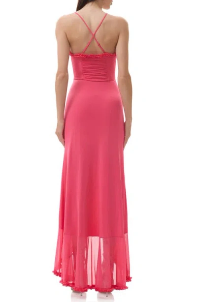 Afrm Cassian Ruched Detail Crossback Mesh Gown In Pink