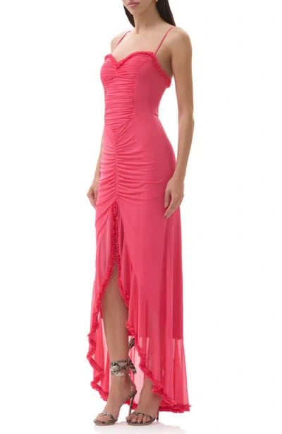 Afrm Cassian Ruched Detail Crossback Mesh Gown In Pink