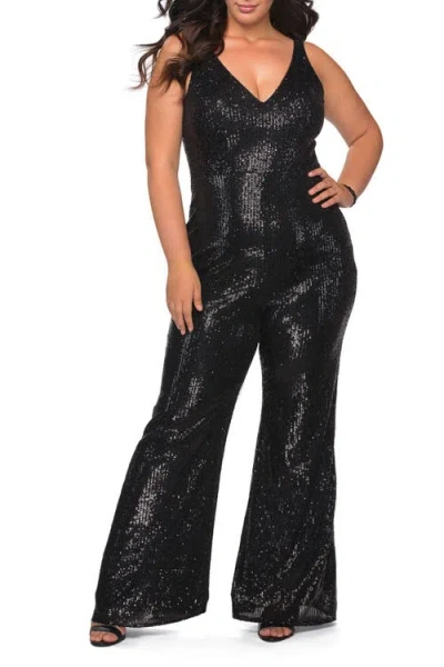 La Femme Sequin Plus Size Jumpsuit With Plunging Neckline In Black