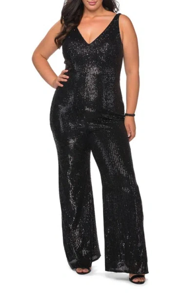 La Femme Sequin Plus Size Jumpsuit With Plunging Neckline In Black