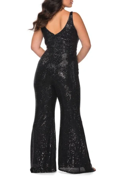 La Femme Sequin Plus Size Jumpsuit With Plunging Neckline In Black