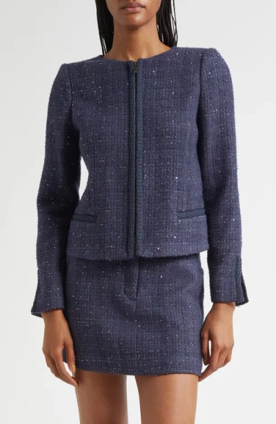 Emporio Armani Lurex Tweed Zip-up Jacket With Micro Sequins In Blue