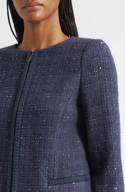 Emporio Armani Lurex Tweed Zip-up Jacket With Micro Sequins In Blue