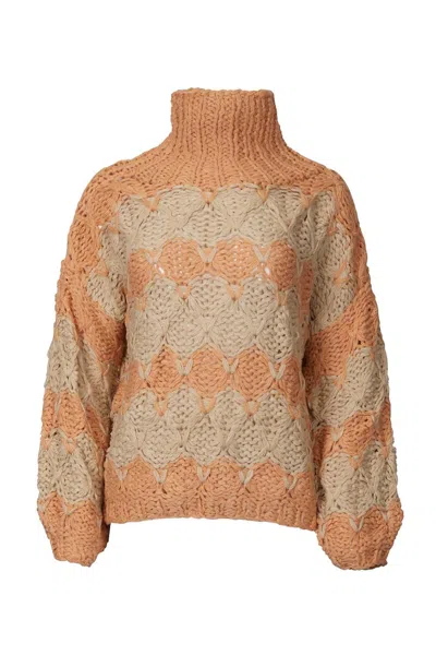 Pol Open-knit Chunky Turtleneck Sweater In Beige Papaya Stripe In Multi