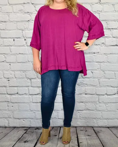 Umgee Long Sleeve Side Slits Frayed Edge Tunic Top In Mulberry In Pink