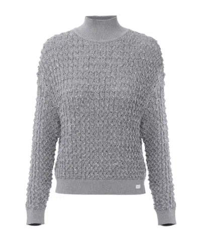 Elisabetta Franchi Cable Knit Tricot Sweater With Sequined Inserts And High Neck In Gray