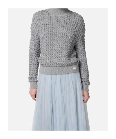 Elisabetta Franchi Cable Knit Tricot Sweater With Sequined Inserts And High Neck In Gray