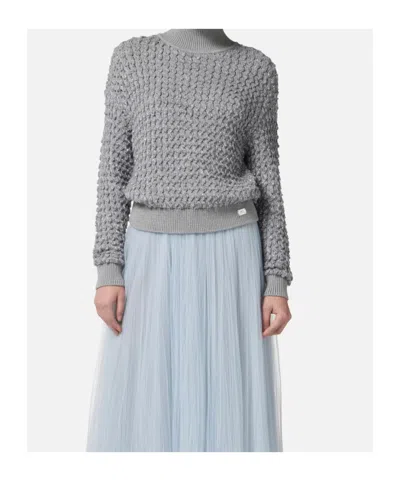 Elisabetta Franchi Cable Knit Tricot Sweater With Sequined Inserts And High Neck In Gray